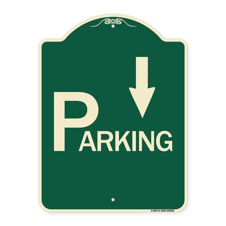 SIGNMISSION Parking with Arrow Pointing Down Heavy-Gauge Aluminum Architectural Sign, 24" x 18", G-1824-24520 A-DES-G-1824-24520